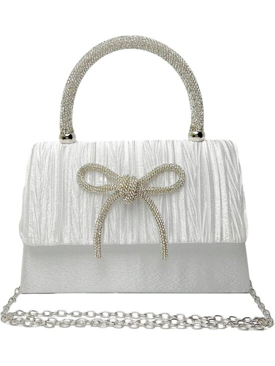 Handbags - Women's Moonlight Silver Sparkly Bow Rhinestone Clutch Purse Evening Bag